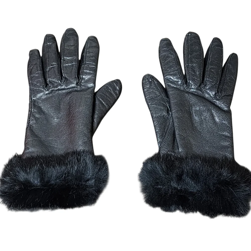 Gloves black leather with faux fur cuff trim soft elegant